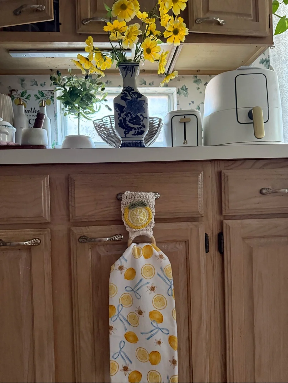 Handmade Crochet Lemon Kitchen Hanging Towel Cotton Yellow Blue Cottagecore